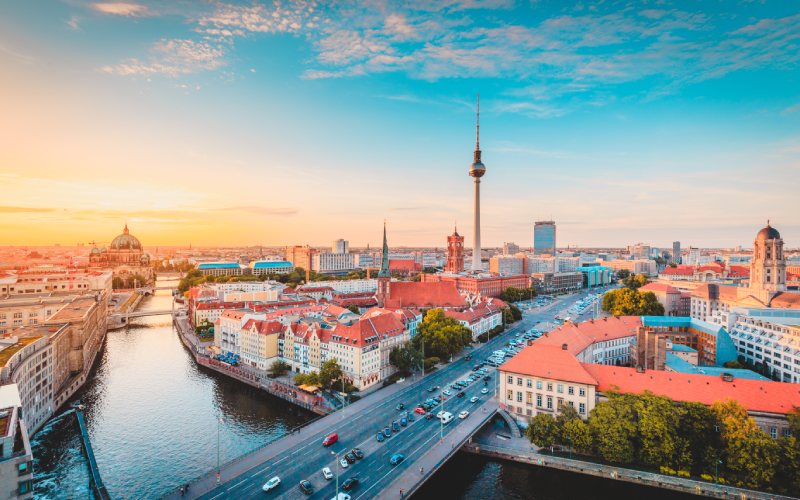 Berlin city skyline view with famous tv tower.