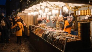 Woman in yellow jacket seeing things in Germany market.